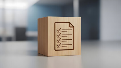 Wooden cube with a checklist icon etched onto its surface, representing tasks or to-do lists in a conceptual business setting