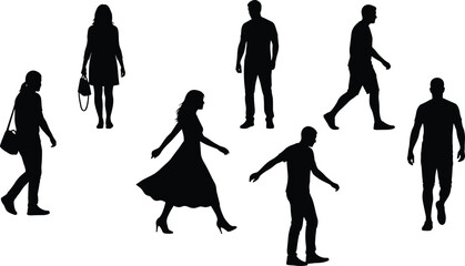 Obraz premium Walking and standing silhouettes, human poses, casual movement, black artwork, white background, gesture study, diverse figures, expressive posture, motion design