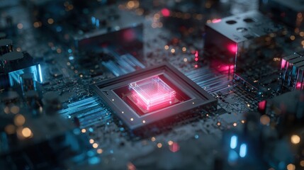 Glowing CPU Chip on Circuit Board with Futuristic BlueRed Lights.