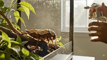 Hand Misting Giant Leaf Insect Inside Glass Enclosure With Water