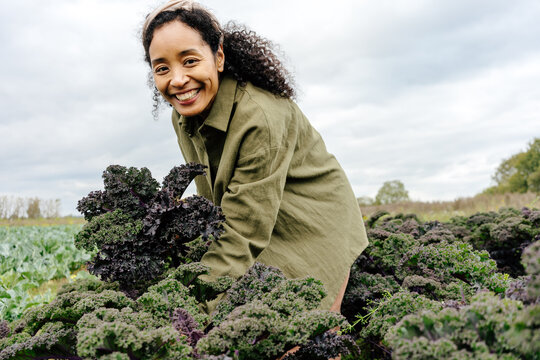 Smiling woman harvesting curly kale on sustainable farm