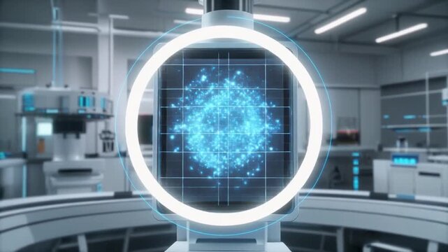 A futuristic lab scene with a glowing circular display showing data points, with blurred scientific equipment