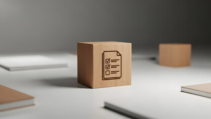 Conceptual wooden block featuring a detailed checklist icon, symbolizing task management, planning, and successful completion, presented in a clean, minimalist workspace environment