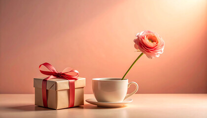 Valentines Day Soft Pink Rose in Tea Cup Next to Gift Box with Red Ribbon Gentle Still Life.