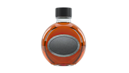 Oval glass bottle with amber liquid and black cap