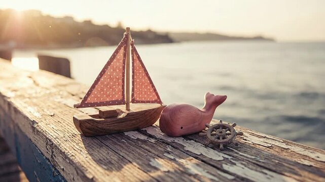 Rustic miniature wooden sailboat with whale and ship wheel on weathered dock at sunset sea view