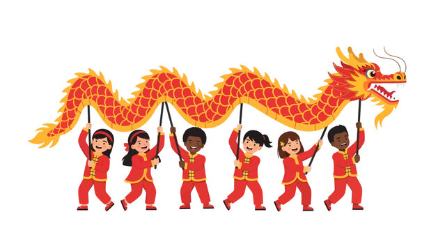 Children in red outfits carrying a large red and yellow dragon puppet together