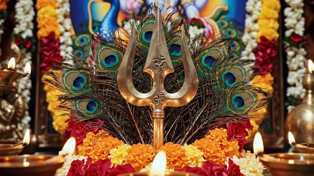 Murugan background with Vel and peacock feather arrangement for Hindu devotional worship