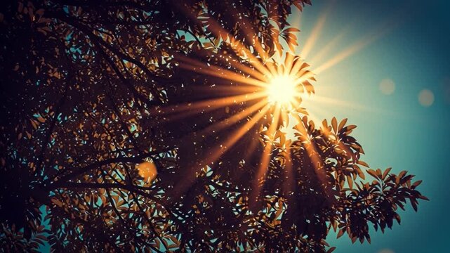 A serene low angle loop animation of sun rays peeking through tree branches in the background