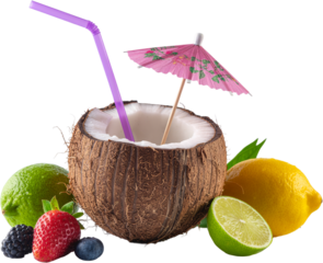 Isolated Fresh Tropical Coconut Cocktail with Straw and Umbrella on Transparent Background