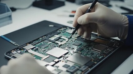Technician Repairing Electronic Circuit Board with Precision Tools in Workshop. - Powered by Adobe