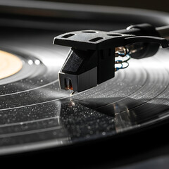 Close up shot of a turntable needle on a spinning vinyl record
