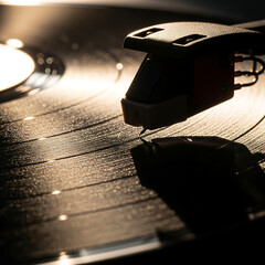 Close up shot of a turntable needle on a spinning vinyl record