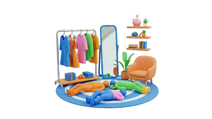 3D Rendering of a Bedroom Scene with Figures and Clothing Rack