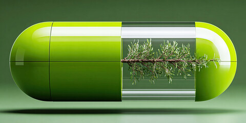 An oversized green capsule containing a sprig of greenery symbolizes the fusion of nature and health.