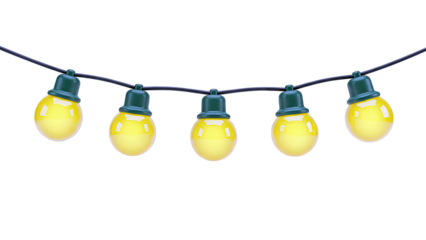 String of five yellow globe lights with green caps on a black wire