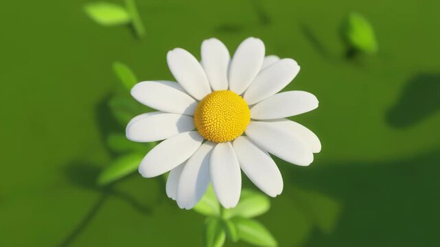 White daisy flower with yellow center on green background.