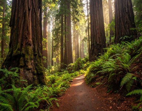 A forest path winds through tall trees, ferns line the edges. Sunlight streams through the canopy, creating a serene ambiance - Powered by Adobe