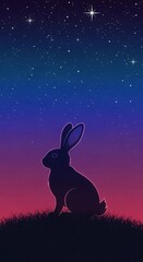 Silhouette of a rabbit perched on grassy terrain against a colorful twilight sky filled with stars