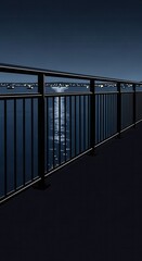 Dark railing overlooks a body of water reflecting distant city lights at night