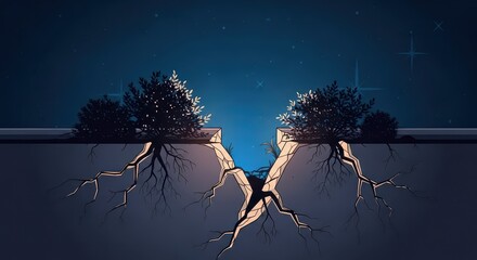 Ground cleavage reveals deep root systems beneath a dark nighttime surface