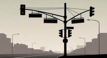 Silhouette of a complex traffic signal structure stands above an empty roadway leading into a distant urban skyline