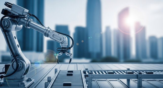 A robotic arm with a city skyline in the background.