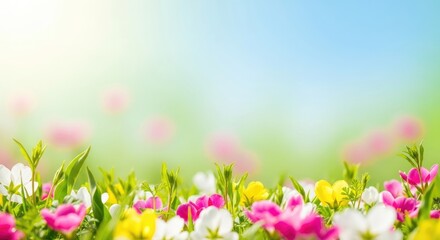 A vibrant spring meadow with a variety of colorful flowers, including pink, yellow, and white blooms, under a clear blue sky with soft, diffused sunlight filtering through.