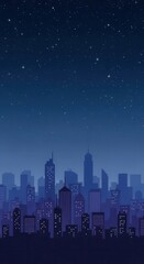 Silhouetted metropolitan skyline stands beneath a deep indigo night sky filled with twinkling celestial bodies