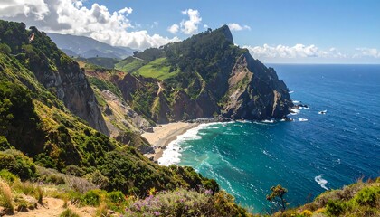 A coastal landscape, featuring a dramatic cliffside meeting the vibrant blue ocean. Lush green hillsides mix with rocky terrain