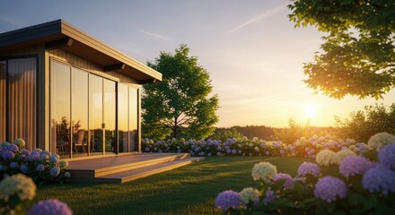 Fototapeta premium A serene garden scene with a wooden cabin, lush greenery, and blooming hydrangeas under a golden sunset sky.