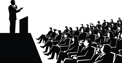 Silhouette of speaker addressing audience at conference or seminar, capturing public speaking, engagement, and professional presentation themes.