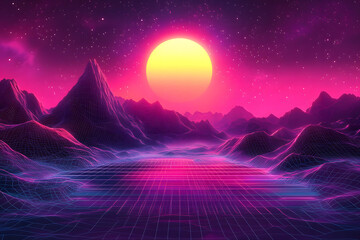 Retro 80s synthwave landscape with purple mountains and glowing yellow sun. Futuristic vaporwave grid background.
