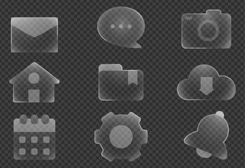 Glassmorphism transparent UI icons. App and web interface elements.