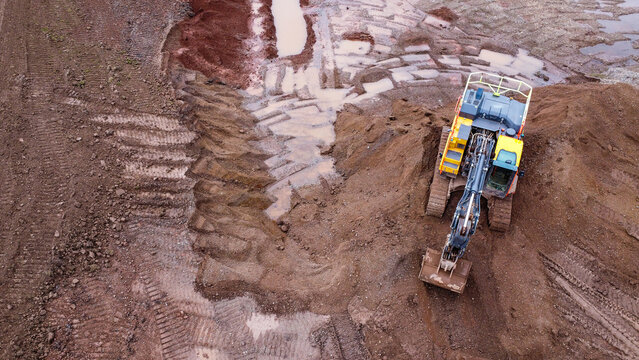 Aerial view of excavator parked in a quarry