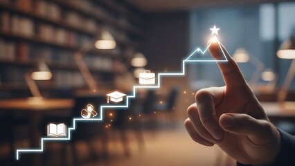 Finger pointing to a glowing staircase of success with education and career icons growth