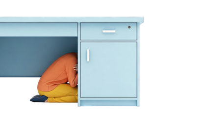 Person hiding under a desk