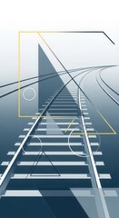 Perspective view of converging railway tracks overlaid with abstract geometric shapes