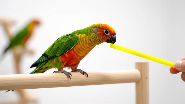 Colorful Parrot Interacts With Person and Yellow Straw Indoors