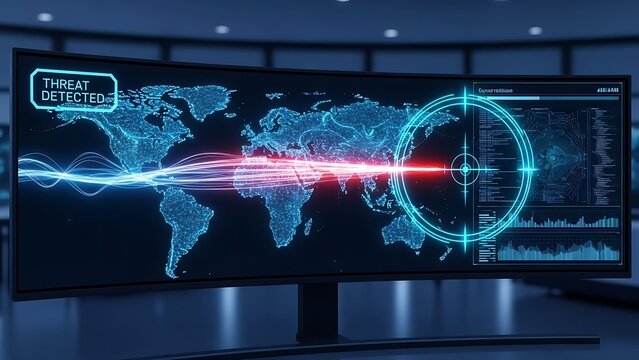 Global cyber threat detection on a curved monitor screen cyber security global map - Powered by Adobe