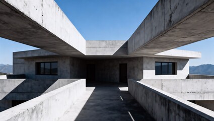 強い陰影が際立つブルータリズム風ミニマルコンクリート建築写真