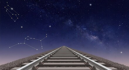 Railroad tracks ascend toward a deeply colored night sky filled with visible constellations and the Milky Way galaxy