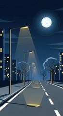 Illuminated street extends into the distance under a full moon in a cityscape