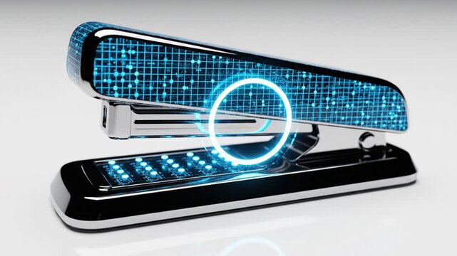 A futuristic stapler design with digital grid elements and glowing blue accents, modern aesthetic