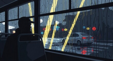 Solitary passenger observes heavy rainfall from inside a moving transit vehicle at night