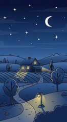 Illuminated countryside dwelling sits peacefully under a dark, star-filled nocturnal sky