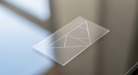 A transparent rectangular slide with intricate geometric patterns etched on its surface, resting on a reflective dark background.