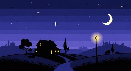Silhouette of a countryside house illuminated by a glowing street lamp under a crescent moonlit sky