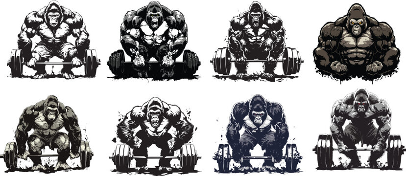 Gorilla with Barbell: A powerful graphic illustration showcasing a strong gorilla performing barbell exercises, symbolizing strength, fitness, and raw power.