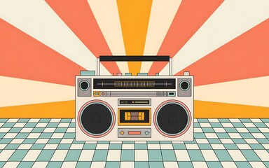 Retro boombox on colorful tiled floor